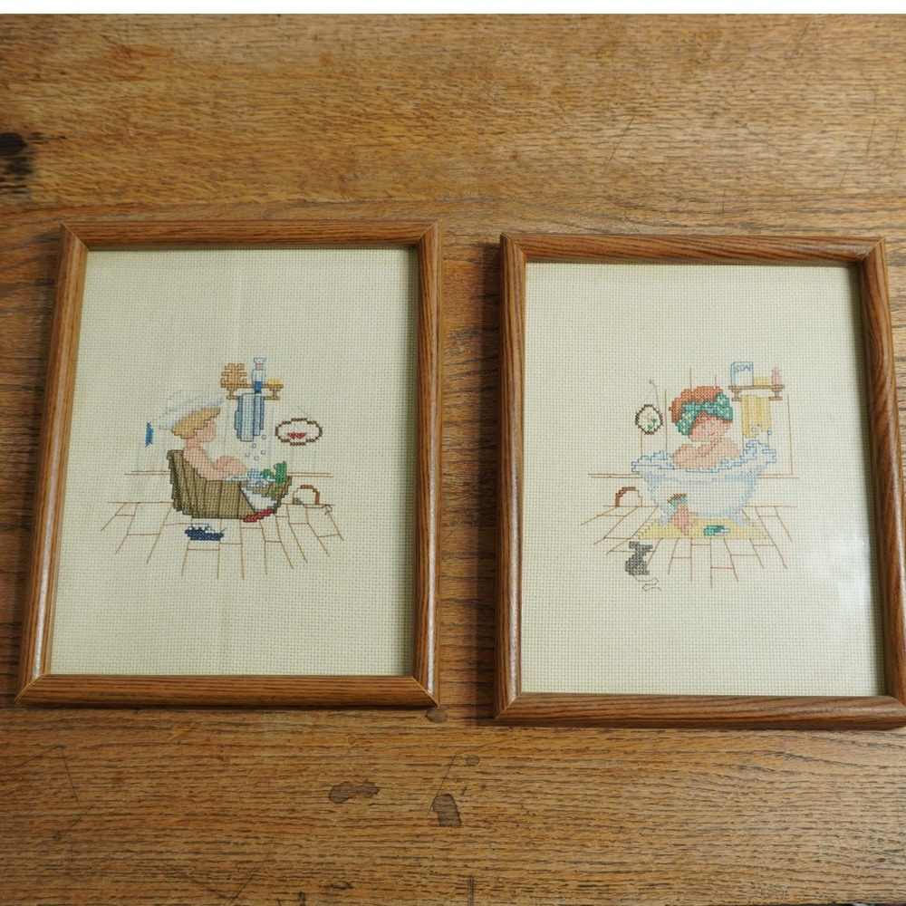 Vintage Framed Cross Stitch Bathroom Wall Art Alma Lynne Boy Tubbie Girl Tubbie